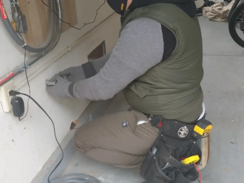 Electrician performing outlet wiring in a Pueblo garage